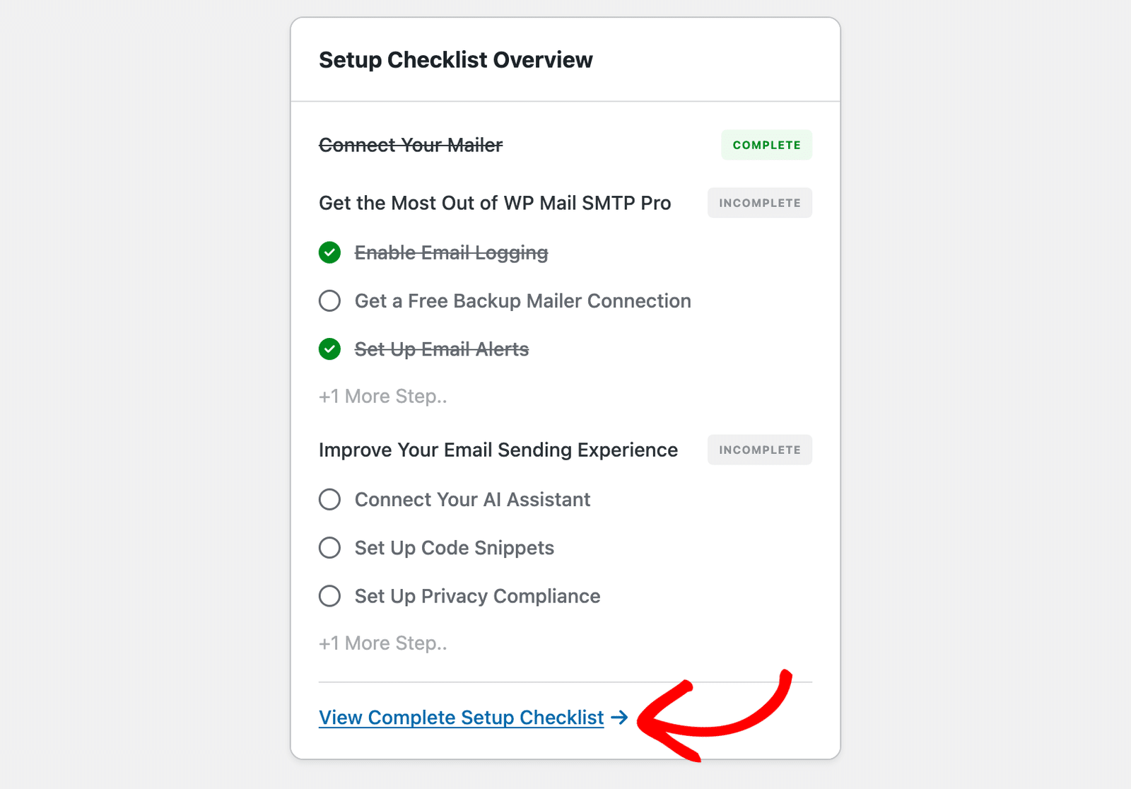 Il widget Panoramica della checklist di configurazione nella barra laterale della Bacheca con il link Visualizza la checklist di configurazione completa
