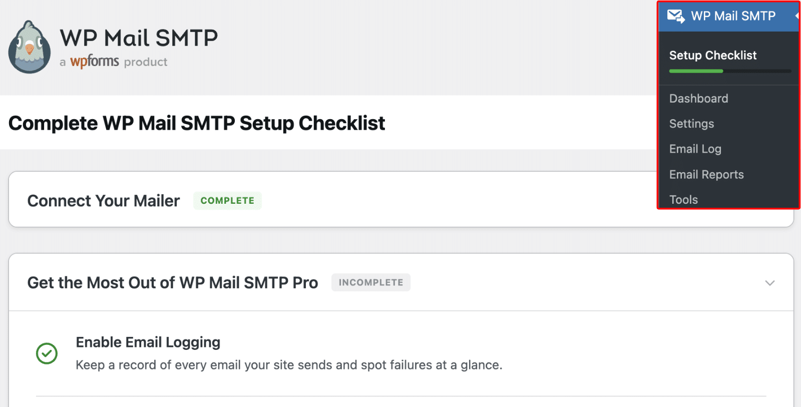 Il menu di amministrazione di WP Mail SMTP con l'elemento Checklist di configurazione e la sua barra di avanzamento evidenziati