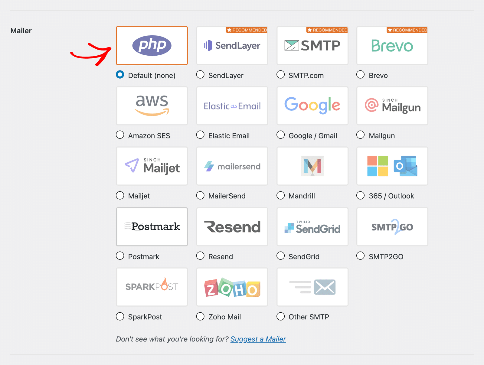 Liste des expéditeurs WP Mail SMTP avec l'expéditeur par défaut (aucun) sélectionné