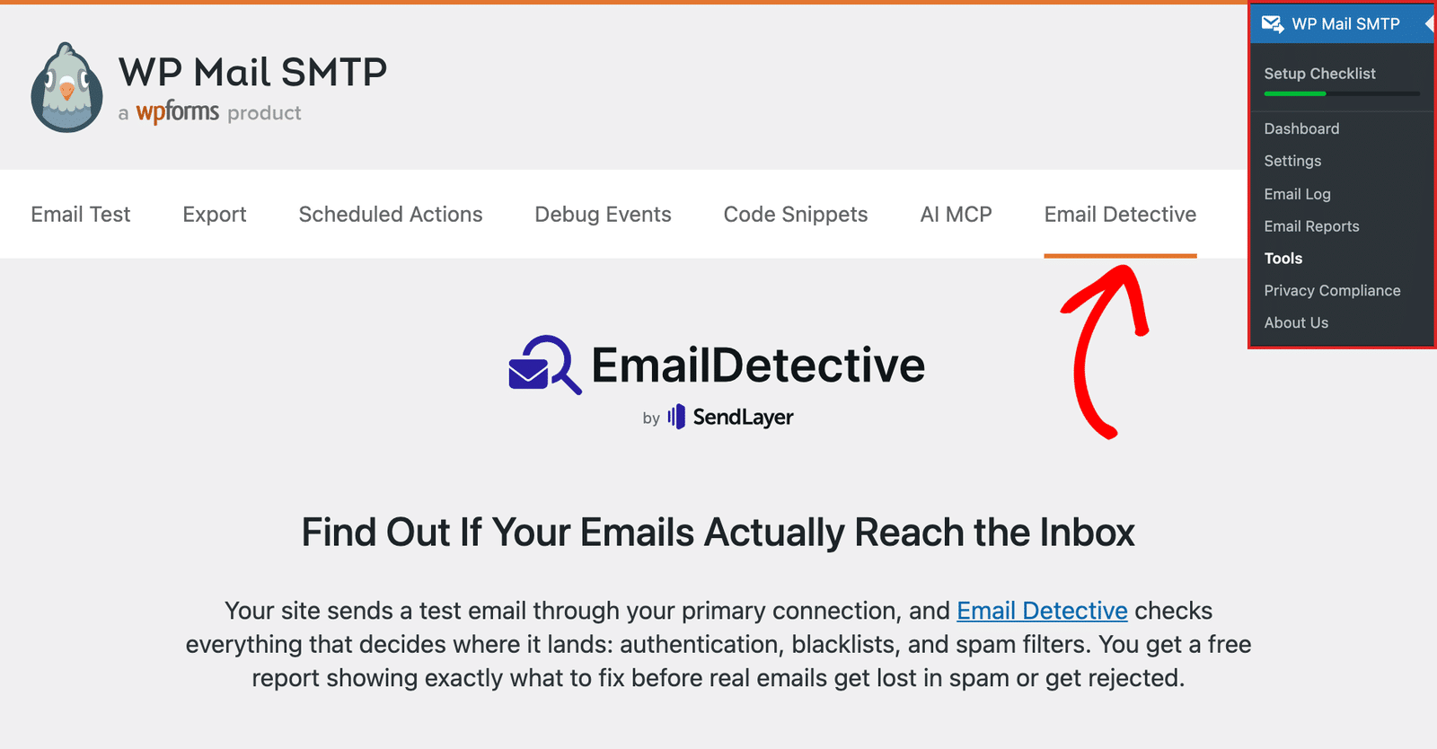 Email Detective tab in WP Mail SMTP Tools for running an email deliverability test