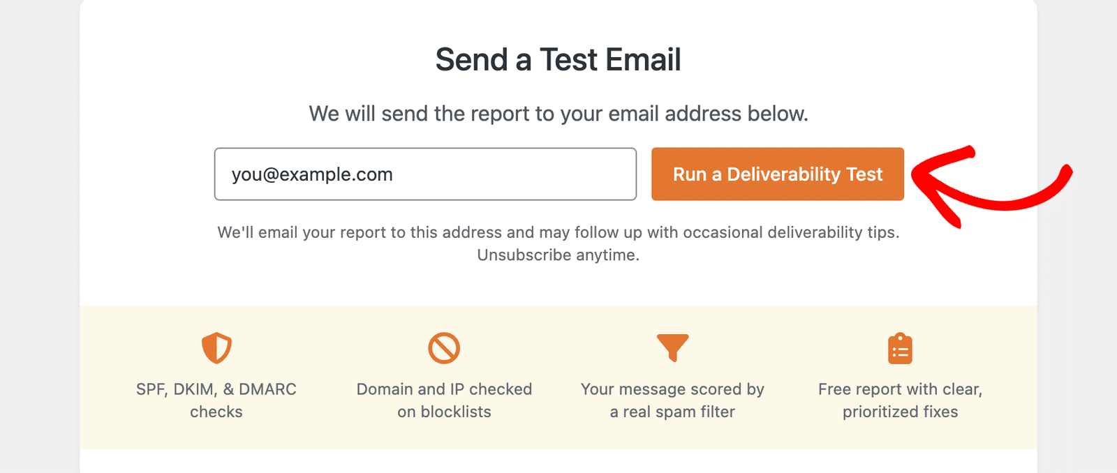 Run a Deliverability Test button in the Email Detective Send a Test Email box