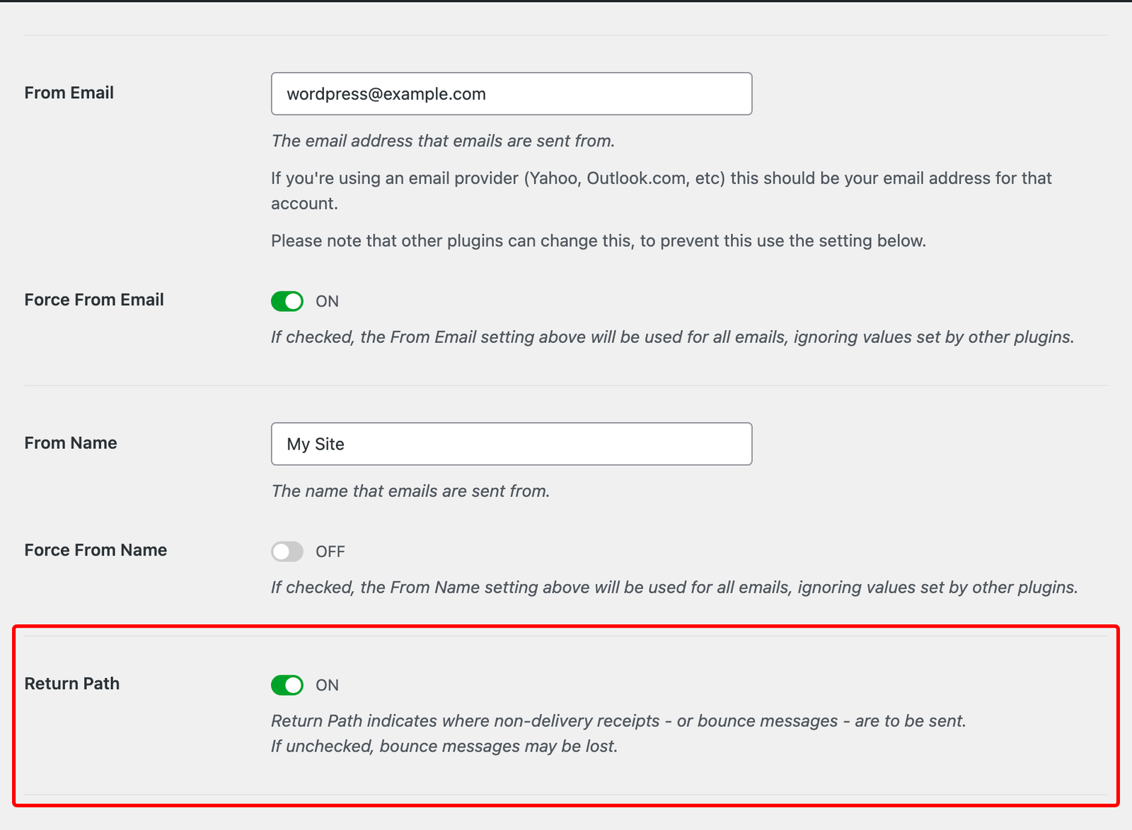 Configurações do WP Mail SMTP, Guia Geral, com a opção Return Path ativada