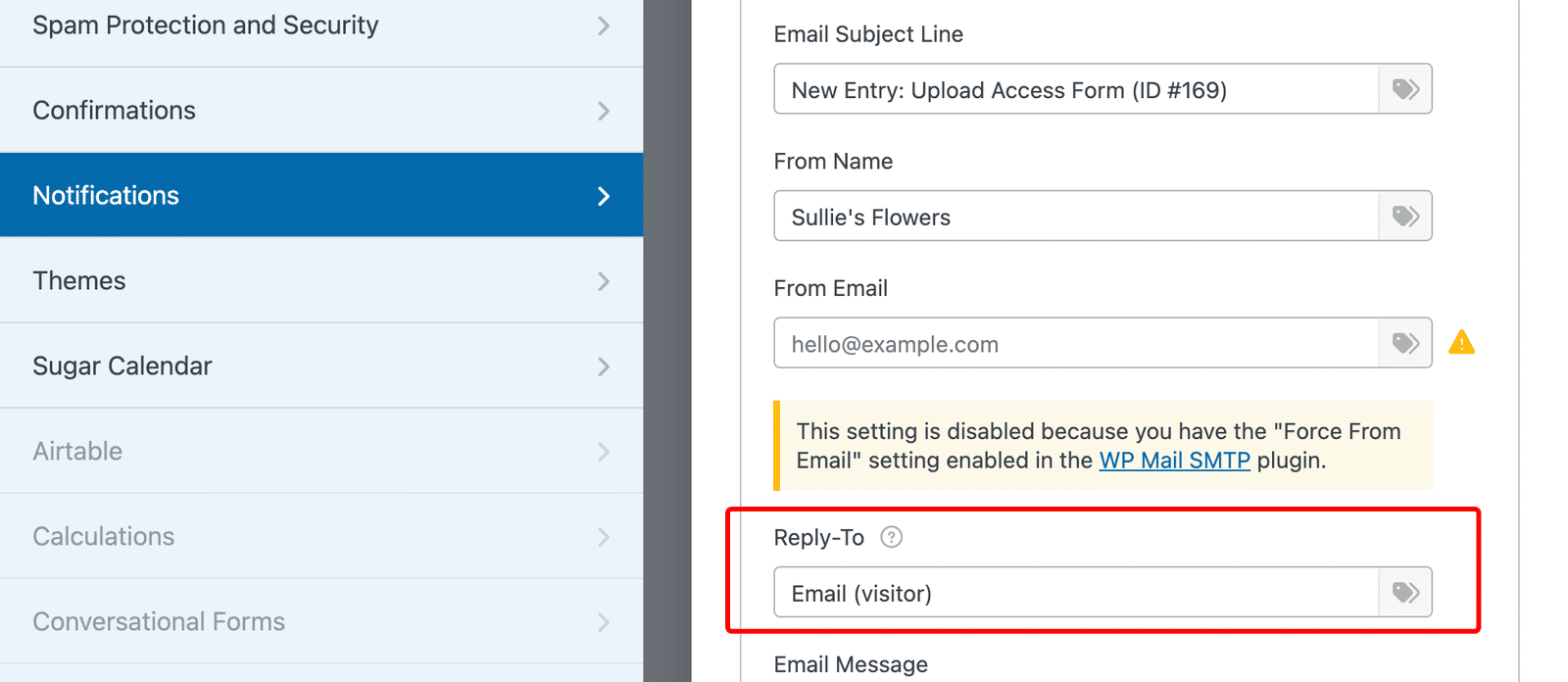 WPForms notification settings with From Email locked by Force From Email and Reply-To set to the visitor's Email field