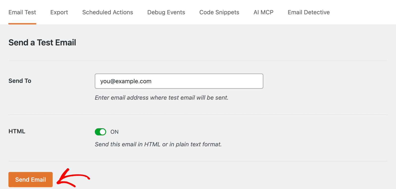 Configurações do WP Mail SMTP, Guia Ferramentas, Guia Teste de E-mail, com o campo Enviar para preenchido
