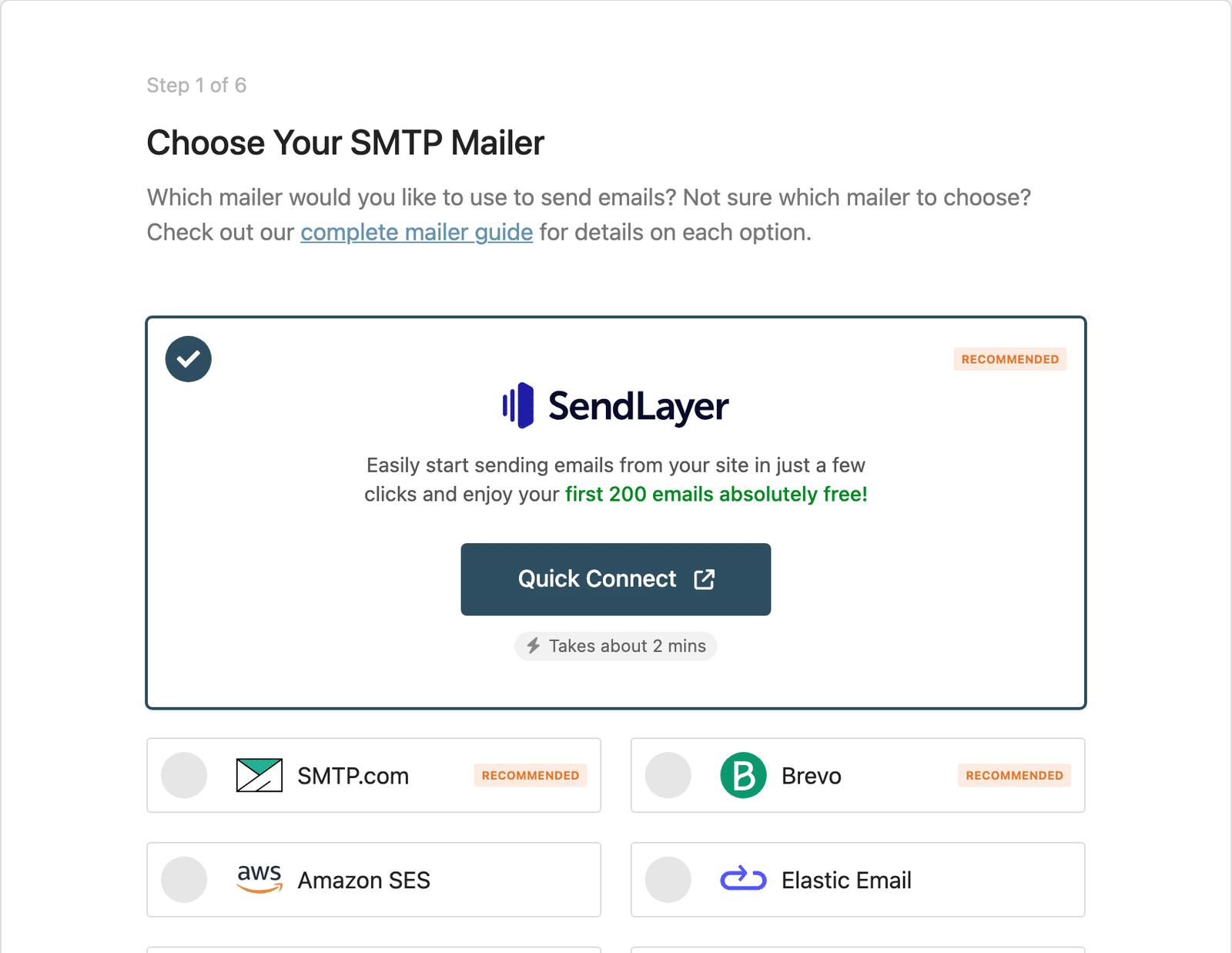 WP Mail SMTP Setup Wizard mailer selection screen