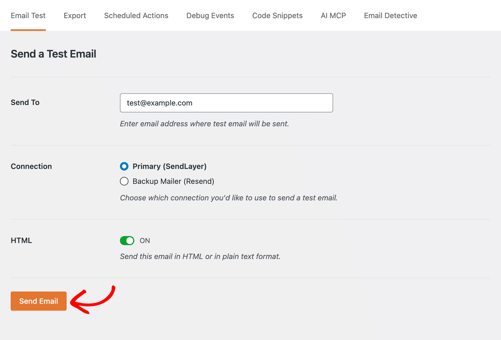 WP Mail SMTP Email Test tab with the Send To field and Send Email button