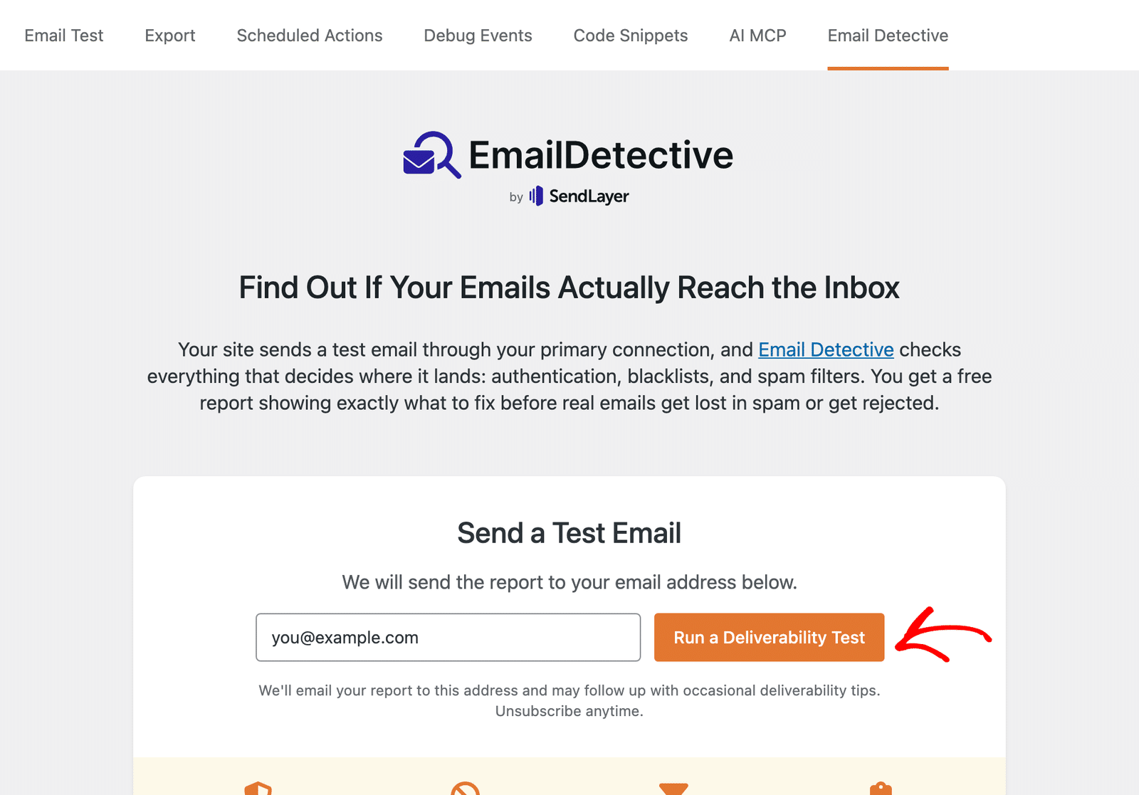 WP Mail SMTP Tools page with the Email Detective tab open and the Run a Deliverability Test button
