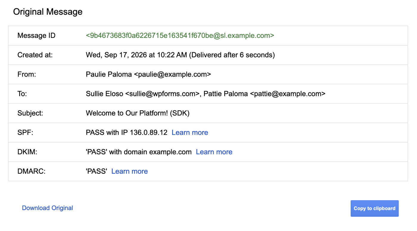 Gmail "Show original" page showing the SPF, DKIM, and DMARC summary rows with DMARC marked FAIL