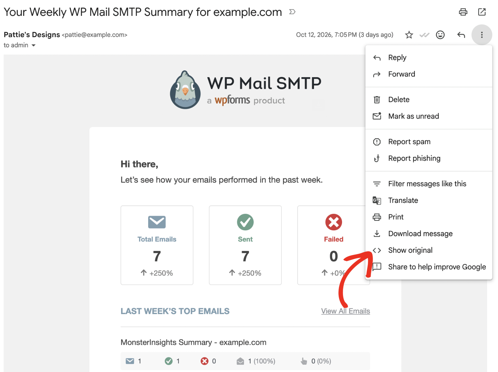 Gmail message menu open with the "Show original" option highlighted